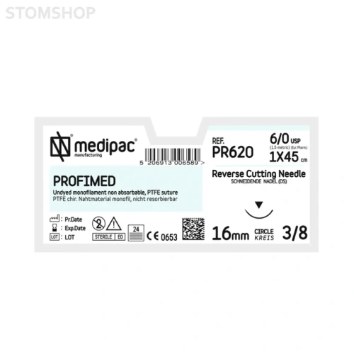 Profimed PR620 - шовный материал, мононить 6/0 45 см, игла 3/8 16 мм, изогнутая, обратно режущая, 24 шт. | MEDIPAC (Греция)