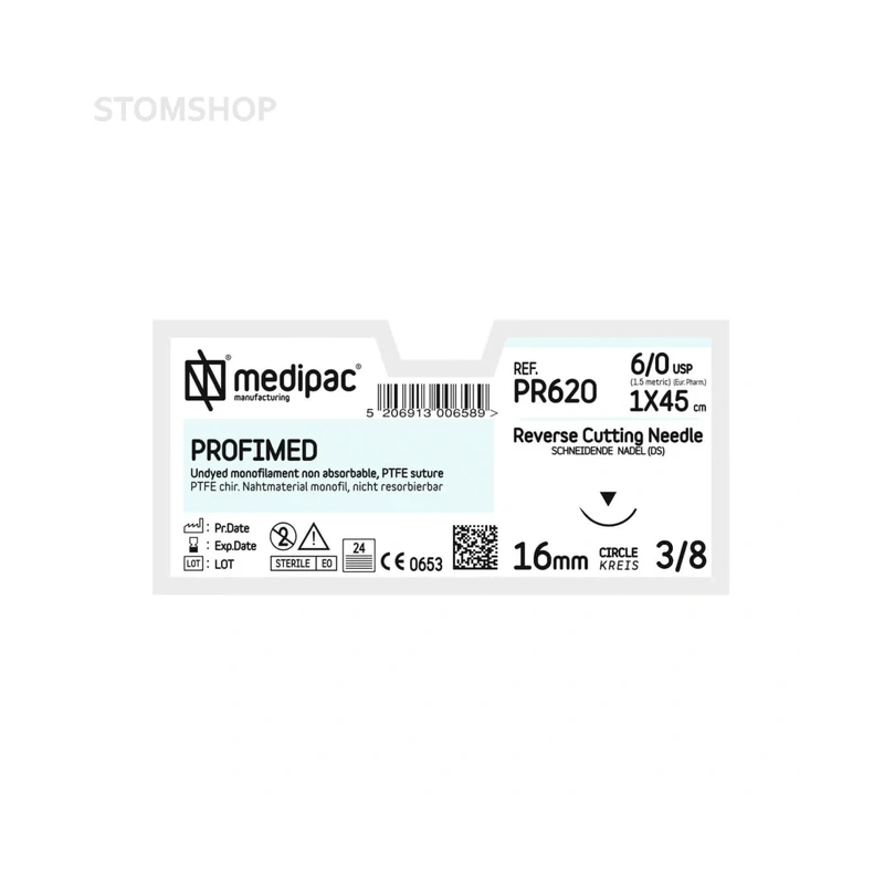 Profimed PR620 - шовный материал, мононить 6/0 45 см, игла 3/8 16 мм, изогнутая, обратно режущая, 24 шт. | MEDIPAC (Греция)