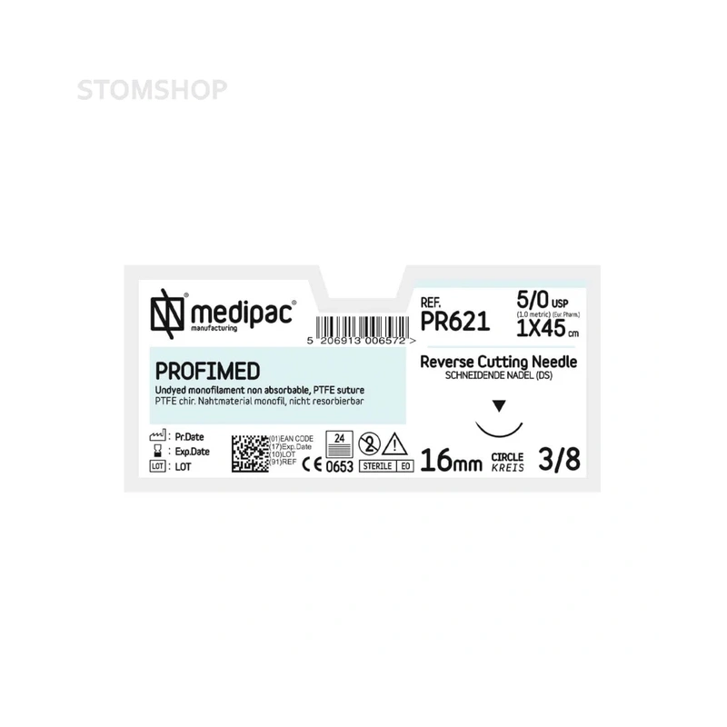Profimed PR621 - шовный материал, мононить 5/0 45 см, игла 3/8 16 мм, изогнутая, обратно режущая, 24 шт. | MEDIPAC (Греция)