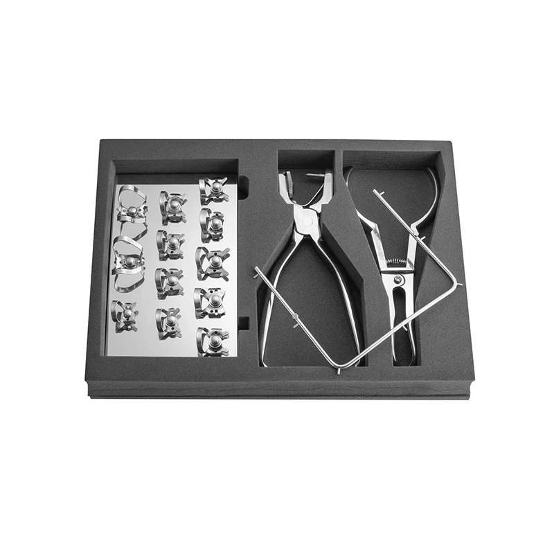 Rubber Dam Technic Set - набор для установки системы раббердам: 12 кламмеров на подставке, перфоратор, щипцы, рамка | Dentech Corporation (Япония)