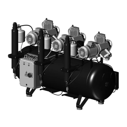 Cattani AC900 300-714 - безмасляный стоматологический компрессор для 12-ти стоматологических установок, с 3 трехцилиндровыми двигателями, c 3 осушителями, с ресивером 300 л, 714 л/мин | Cattani (Италия)
